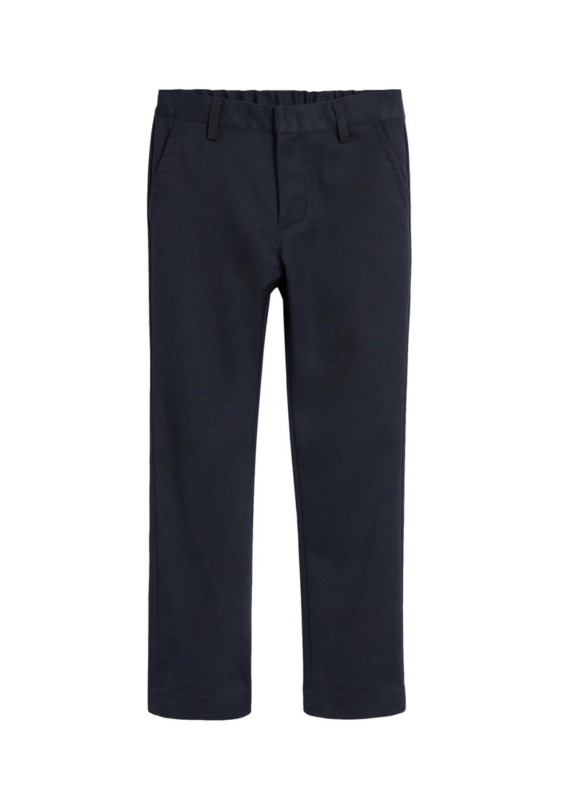 Pantalons bleu marine à jambe droite avec passants de ceinture, poches latérales et fermeture zippée à l'avant, adaptés pour un usage décontracté ou professionnel.