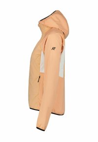 Chaqueta ligera naranja con capucha, panel frontal blanco, puños elásticos y bolsillos laterales. Presenta un logo en la manga izquierda.