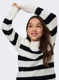 Maglione a maglia con strisce orizzontali alternate nere e bianche, maniche lunghe e scollo ampio e rotondo. Tessuto strutturato.