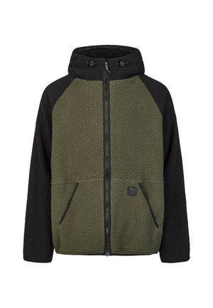 Kapuzensweatjacke mit durchgehendem Frontreißverschluss, olivgrünem Vorderteil, schwarzen Ärmeln, zwei Fronttaschen und verstellbaren Kapuzenkordeln.