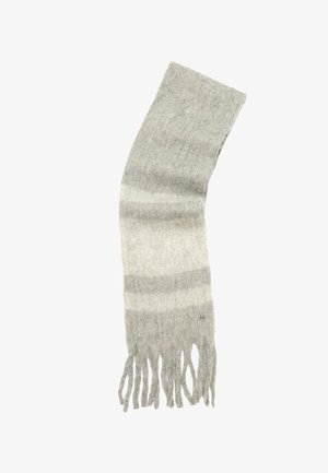 Grijs en crème gestreepte sjaal gemaakt van zachte wol, met franjes aan de uiteinden en een klein rond logo als detail.