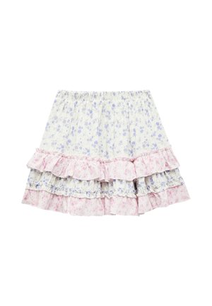 Hvid nederdel med blå og pink blomsterprint, elastisk talje og lagdelt rynket kantdetalje.