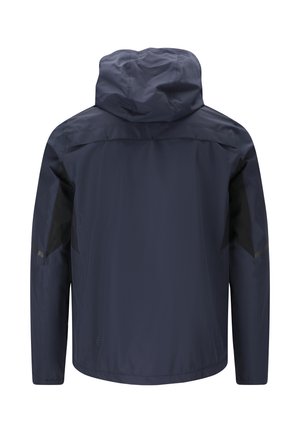 Marine regnjakke med hætte, med sorte accenter på skuldre og sider, lavet af vandafvisende materiale. Glat tekstur.