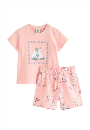 Pink kortærmet sæt til småbørn med tegneserieflodhestekarakterer på skjorten og shorts, med muslingeskal- og strandtema-tryk.