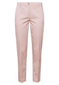 Damskie dopasowane jasnoróżowe spodnie z przodem z kantem, szlufkami na pasek oraz pojedynczym zapięciem na guzik w pasie.