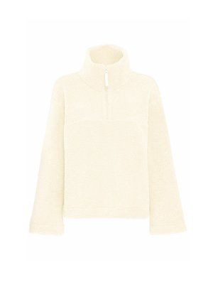 Off-white Fleece-Pullover mit kurzem Reißverschluss, hohem Kragen und langen Ärmeln. Weiche Textur und lässige Passform, geeignet für die Freizeit.