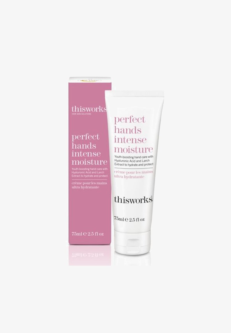 Tubetto di crema per le mani bianco con testo rosa, etichettato "Mani Perfette Intensa Idratazione." Accompagnato da una scatola rosa con testo bianco, dimensione 75ml.