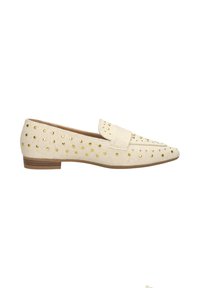 Beige canvas loafers with gold stud accents, flat wooden heel, and a stitched detail at the front. Rounded toe design.