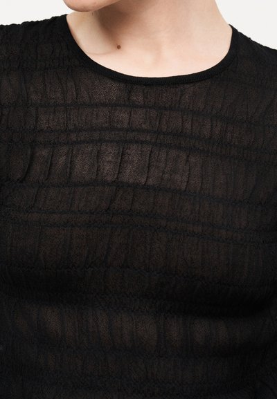 Κοντινό πλάνο ενός ατόμου που φοράει διαφανές μαύρο τοπ με υφή, με οριζόντιες και κάθετες γραμμές, που δείχνει το ντεκολτέ και μέρος του προσώπου.