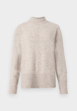 Helle beigefarbene Pullover mit hohem Kragen, der über ein strukturiertes Strickmuster, Rippbündchen und -saum sowie eine vertikal verlaufende Mittelnaht an der Vorderseite verfügt.