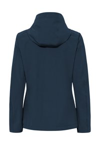 Giacca con cappuccio da donna blu navy vista da dietro, con maniche lunghe e vita aderente.