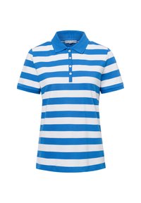 Blau-weiß gestreiftes Poloshirt, kurze Ärmel, Kragen und eine Knopfleiste mit drei Knöpfen. Hergestellt aus weichem, glattem Baumwollmaterial.