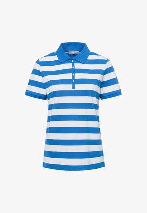 Blau-weiß gestreiftes Poloshirt, kurze Ärmel, Kragen und eine Knopfleiste mit drei Knöpfen. Hergestellt aus weichem, glattem Baumwollmaterial.