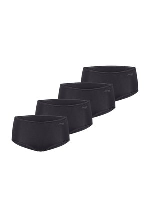 Cztery czarne damskie majtki w stylu hipsterskim z małym logo "Sloggi" po lewej stronie, ułożone w przesuniętym rzędzie.