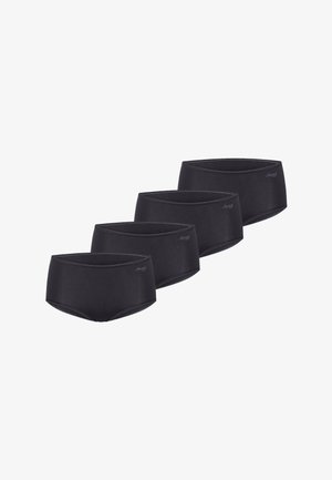 Vier zwarte hipster-style onderbroeken voor dames met een klein "Sloggi"-logo aan de linkerkant, gerangschikt in een verspringende rij.