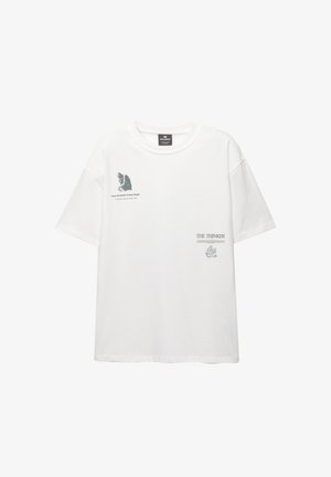 Weißes Baumwoll-T-Shirt mit kurzen Ärmeln, das auf der Vorderseite ein Motiv von "Der Denker" und Text in dunkelgrau zeigt. Normale Passform.