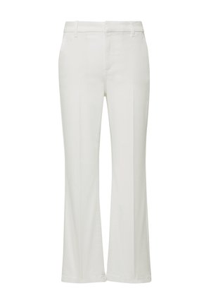 Weiße gerade zugeschnittene Hose aus einem Baumwollmischgewebe, mit Reißverschluss, Gürtelschlaufen und Seitentaschen, glatter Textur und taillierter Passform.