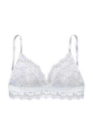 Weißes Spitzen-Bralette mit dreieckigen Cups, gewellten Kanten und verstellbaren Satinstreifen. Verfügt über eine zarte Schleife in der Mitte.