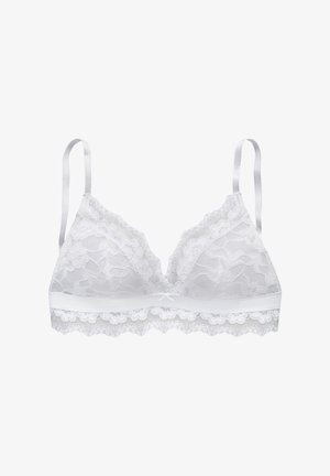 Weißes Spitzen-Bralette mit dreieckigen Cups, gewellten Kanten und verstellbaren Satinstreifen. Verfügt über eine zarte Schleife in der Mitte.
