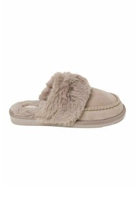 Beige slip-on slipper with soft faux fur lining and cuff, suede upper, and textured sole for indoor comfort.