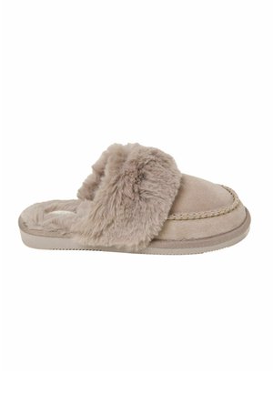Beige slip-on slipper with soft faux fur lining and cuff, suede upper, and textured sole for indoor comfort.