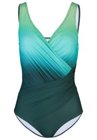 Maillot de bain une pièce aux dégradés de vert, avec un design drapé, un col en V et des détails froncés, fabriqué en tissu lisse et extensible.