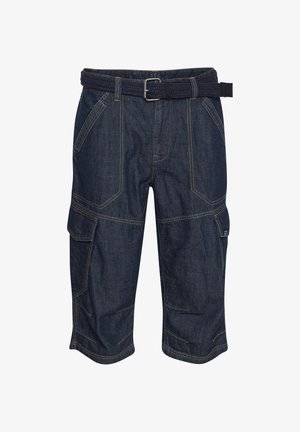Temno modri denim kratke hlače s cargo žepom, spletni pas, več žepov, ojačano šivanje in neobdelan rob.