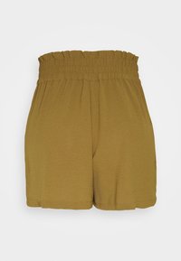 Khaki šortky s nabíraným elastickým pasem, vyrobené z měkkého materiálu. Design zahrnuje upravený střih a hladkou texturu.