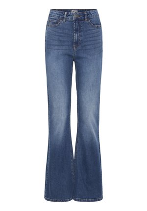 Jean en denim bleu taille haute avec bouton et fermeture éclair à l'avant, légère décoloration sur les cuisses et jambes larges évasées.