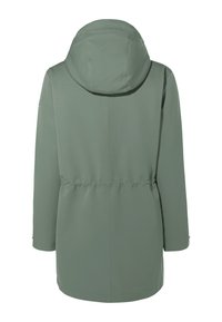 Impermeabile verde leggero con cappuccio, vita regolabile e maniche lunghe. Tessuto liscio e design semplice, adatto per un look casual.