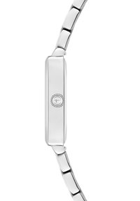 Silberne Armbanduhr mit rechteckigem Gehäuse, schimmerndem Metallarmband und einer seitlichen Krone mit strukturiertem Rand. Glatte, polierte Oberfläche.