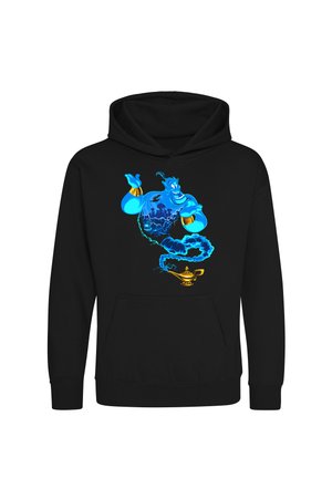 Czarna bluza z kapturem z jasnoniebieskim dżinem wyłaniającym się ze złotej magicznej lampy, z złotymi bransoletkami na nadgarstkach dżina.