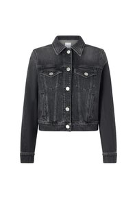 Crna traper jakna s ovratnikom, prednjim gumbima za zatvaranje, dva džepa na prsima i skraćenim dizajnom s dugim rukavima.