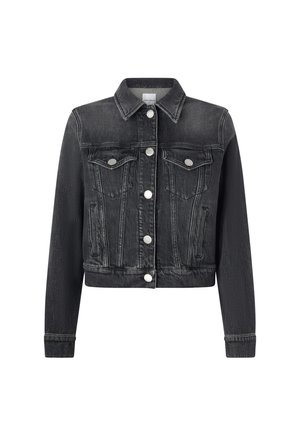 Crna traper jakna s ovratnikom, prednjim gumbima za zatvaranje, dva džepa na prsima i skraćenim dizajnom s dugim rukavima.