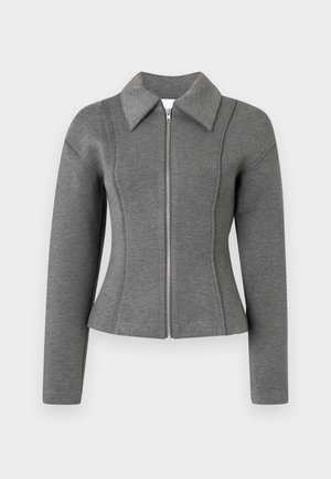 Sivá zimná bunda na zips so stojáčikovým golierom. Má štruktúrované švy, dlhé rukávy a priliehajúci strih. Vyrobená z jemného, textúrovaného materiálu.