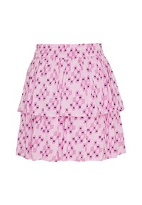 Gonna a balze rosa con un motivo geometrico e accenti in viola e verde lime. Vita elastica per una vestibilità regolabile.