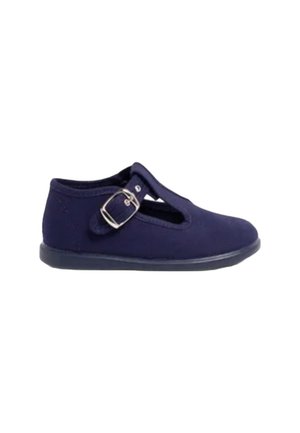 Scarpa di tessuto blu navy con punta rotonda, design a T-bar, chiusura con fibbia e suola in gomma. Texture liscia e linee semplici.