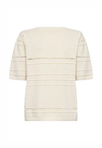 Maglietta a maniche corte in maglia beige chiaro con strisce orizzontali testurizzate e piccoli dettagli ad occhiello. Tessuto morbido e traspirante. Collo a giro classico.