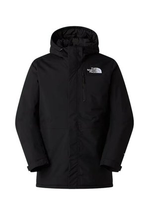 Giacca impermeabile nera con cappuccio, tasca sul petto con cerniera e logo sul lato superiore sinistro. Presenta una finitura liscia e opaca.