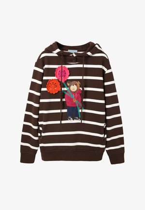 Brown and white striped hoodie with a bear graphic holding pink and orange crochet flowers on the front and brown drawstrings.