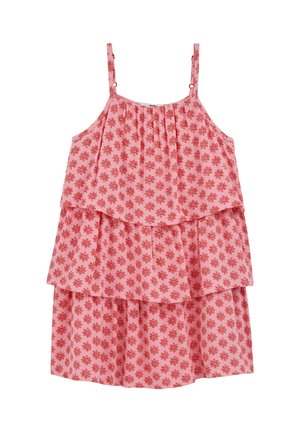 Robe rose sans manches avec motif floral rouge, couches à volants et bretelles réglables.