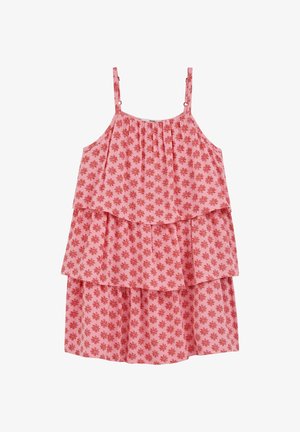 Robe rose sans manches avec motif floral rouge, couches à volants et bretelles réglables.