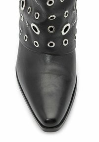 Bottine en cuir noir avec un bout pointu, ornée d'œillets en métal argenté sur une tige texturée pour plus de détail. Semelle plate.