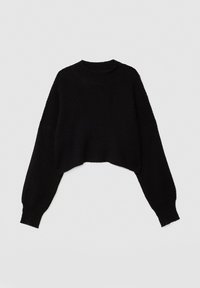 Suéter negro de punto, corto, con textura acanalada, mangas anchas y cuello redondo. Diseño sencillo sin patrones ni acentos adicionales.