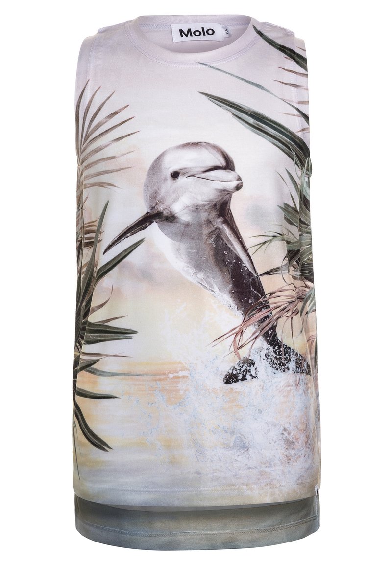Mouwloos top met een dolfijnafbeelding tussen palmbladeren, in zachte kleurgradaties. Gemaakt van soepele stof met een ronde halslijn.