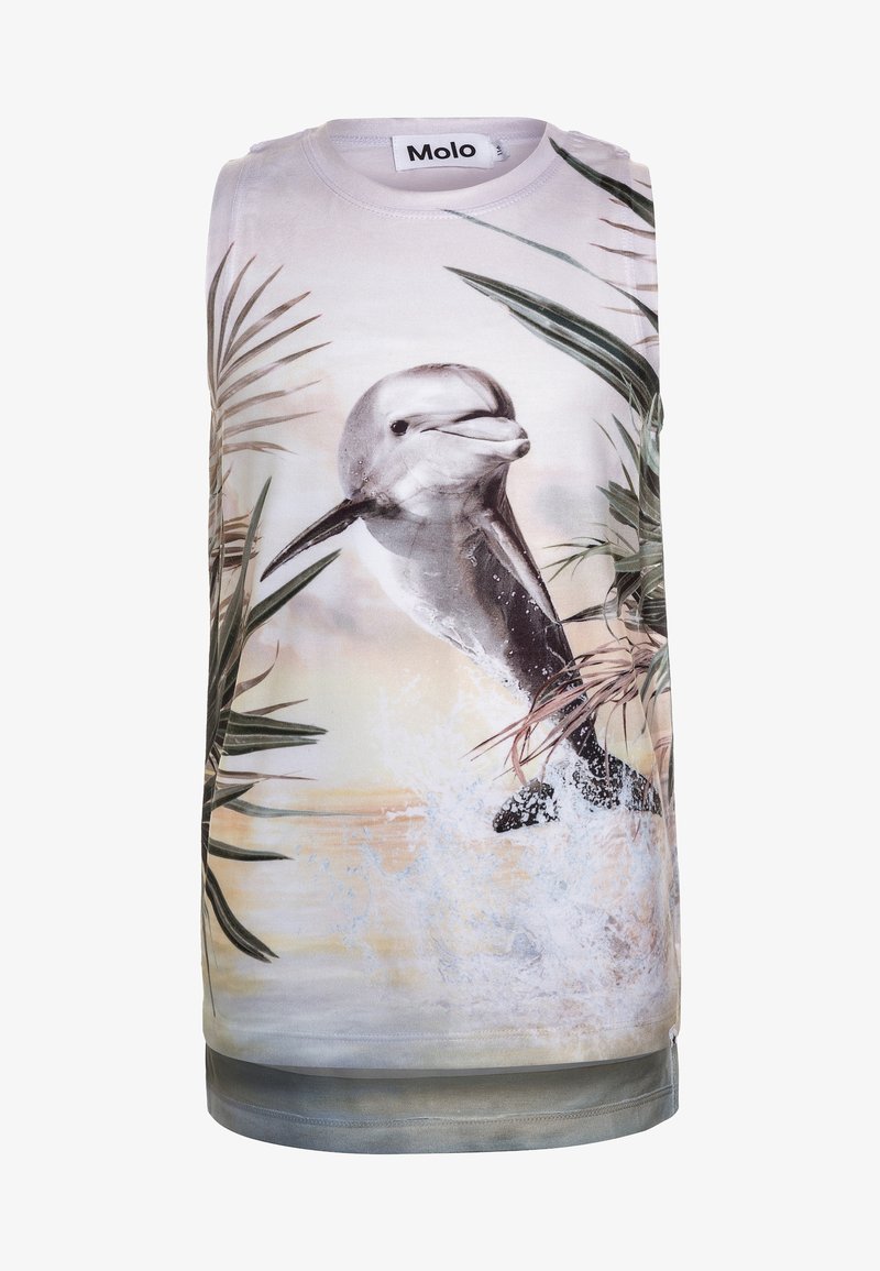 Mouwloos top met een dolfijnafbeelding tussen palmbladeren, in zachte kleurgradaties. Gemaakt van soepele stof met een ronde halslijn.