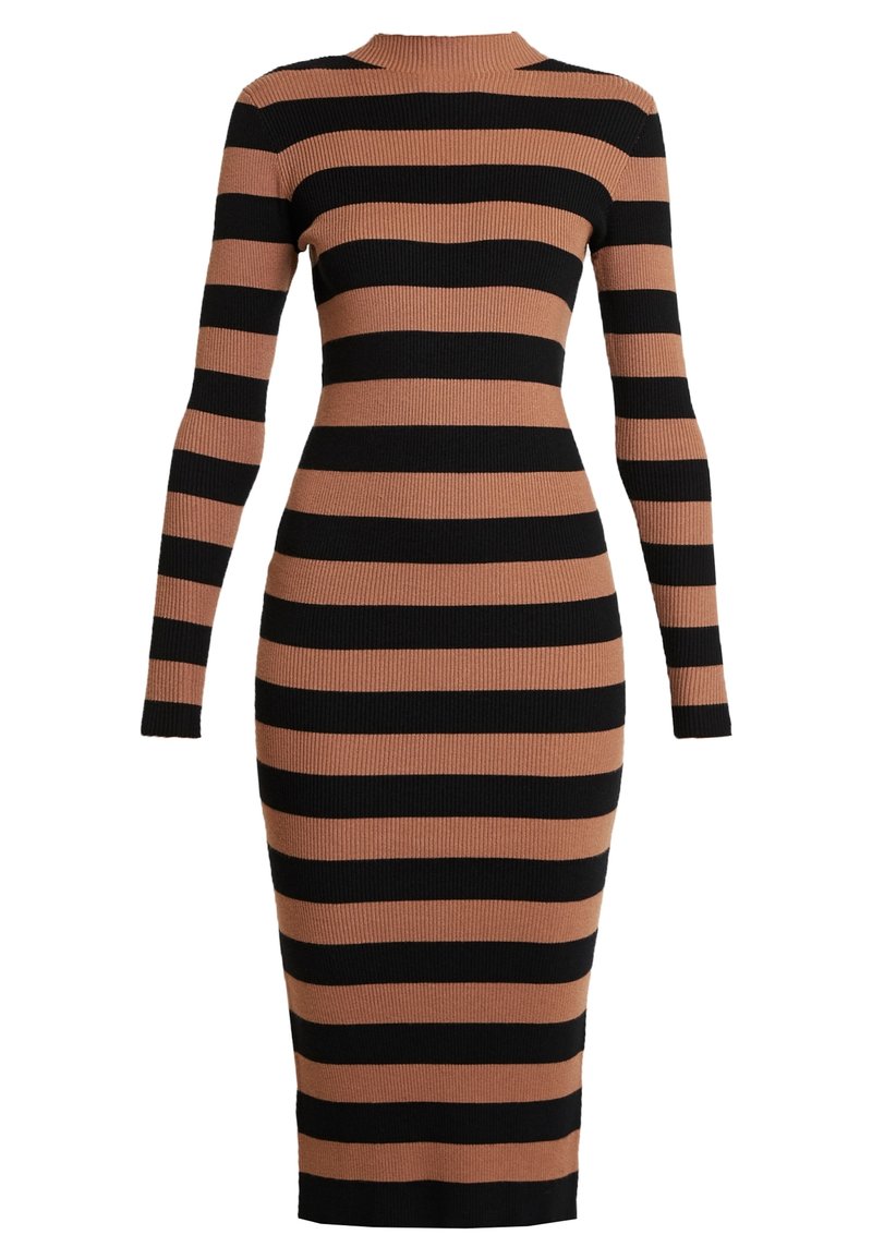 Robe cintrée à manches longues avec larges rayures horizontales noires et marron, encolure ronde et ourlet à hauteur du genou.