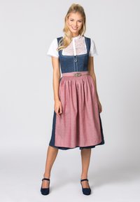 Traditionelle bayerische Tracht besteht aus einem dunkelblauen Mieder, einer weißen Spitzenbluse und einem rosa Rock mit einem gemusterten Design, akzentuiert durch eine silberne Gürtelbuckle.
