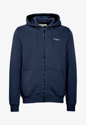 Mørkeblå zip-up hoodie med en blød tekstur, der har en snoretrækshætte, sidelommer og et lille hvidt logo-detajle på brystet.