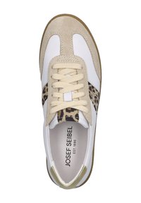 Weiße und beige Sneaker mit Leopardenmuster-Akzenten, aus Wildleder und Leder, runder Zehenform und beigen Schnürsenkeln. Logo auf der Innensohle gedruckt.